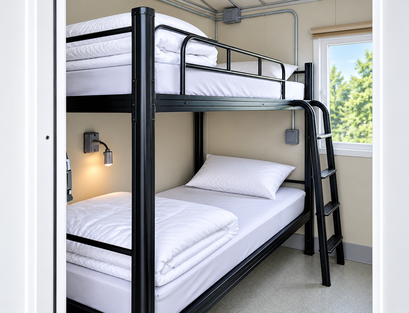 Bunk-bed interior of a two-stall sleeper trailer